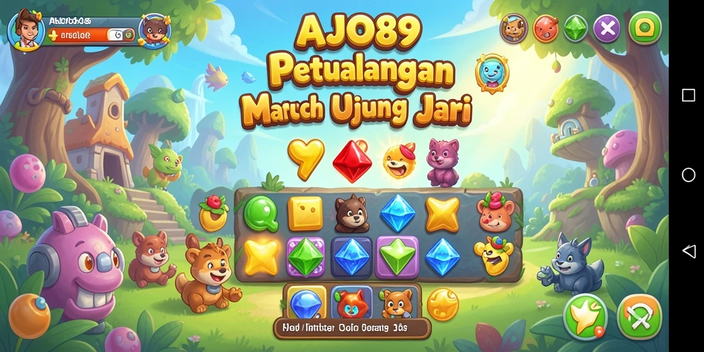 Screenshot utama AJO89 menampilkan gameplay Match-3 yang penuh warna.