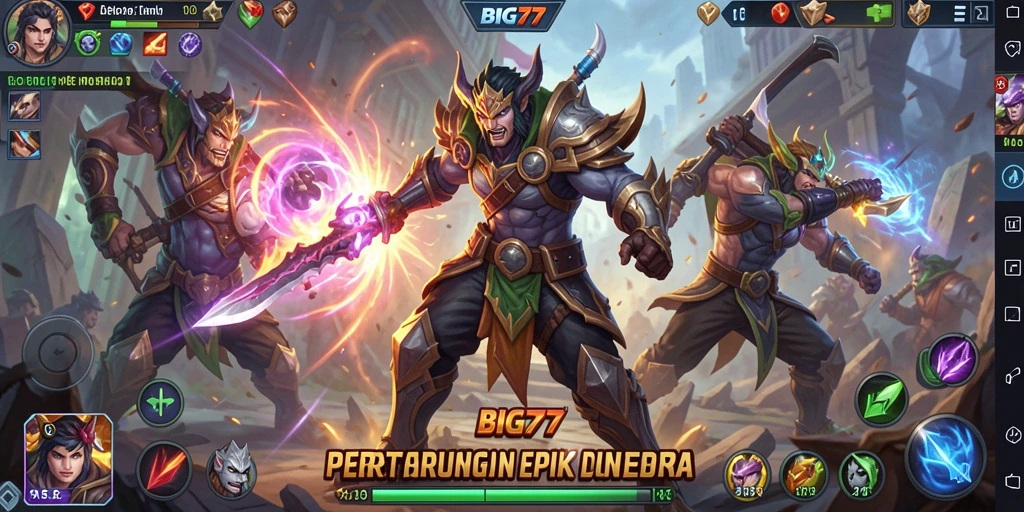 Screenshot gameplay epik dalam BIG77 menunjukkan pertarungan karakter MOBA.