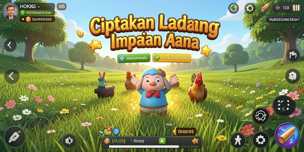 Tampilan gameplay HOKI65 dengan ladang yang subur dan berbagai tanaman.