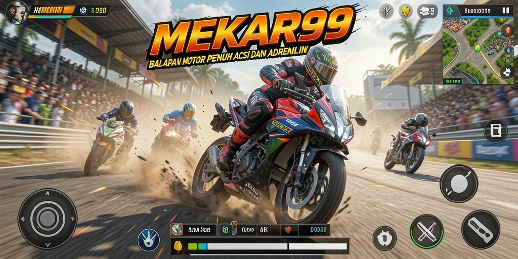 Tampilan gameplay seru dalam MEKAR99 saat berakselerasi di lintasan balap.